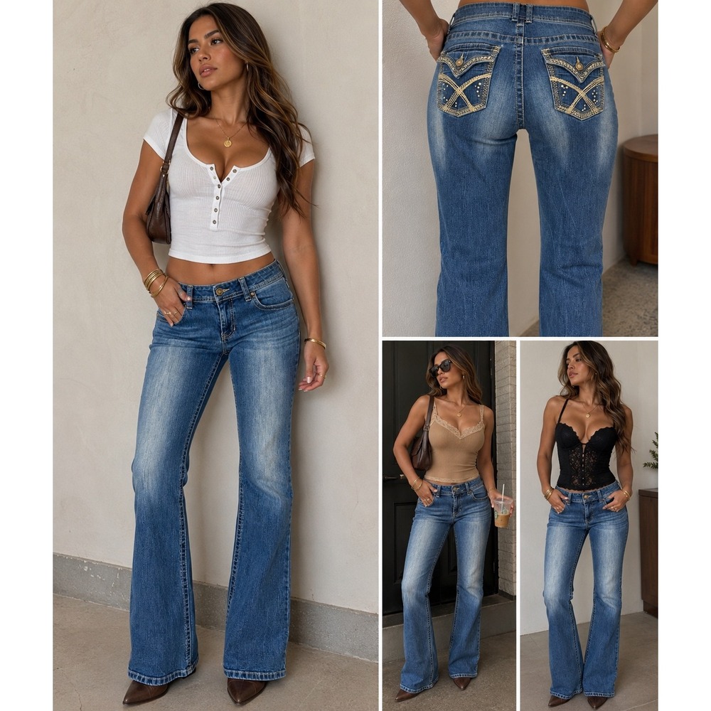 APT 9 Jeans Womens 12 Blue Bootcut Rhinestone Embellished Pocket Y2K Stretch